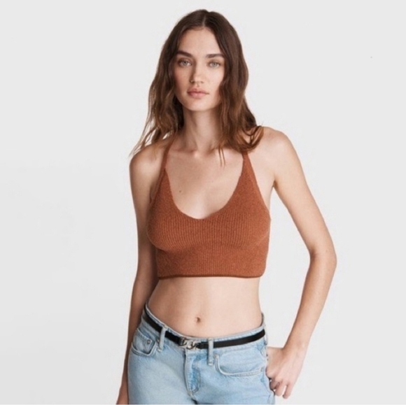 Rag & Bone Burnt Orange Soleil Ribbed Knit T Back Crop Top - Picture 1 of 7